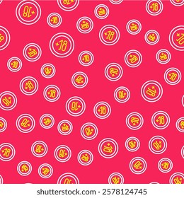 Line Alcohol 18 plus icon isolated seamless pattern on red background. Prohibiting alcohol beverages.  Vector