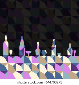line of alcoholic drinks on a colored background with a pattern. Vector Illustration