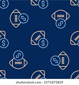 Line American football betting money icon isolated seamless pattern on blue background. Football bet bookmaker. Soccer betting online make money.  Vector