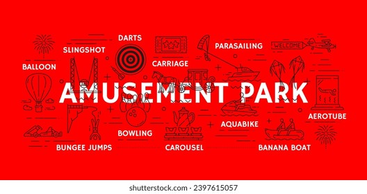 Line amusement park banner with funfair carnival rides and attractions, vector background. Amusement park bungee jumps, banana boat and darts game, parasailing and bowling or aquabike entertainment svg