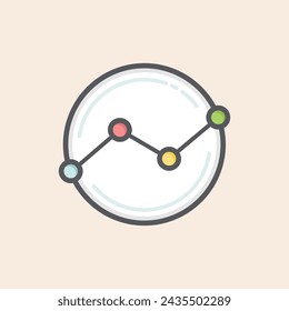 Line analytics with colored dots graph around a white circle backgroud. Blue, red, yellow and green graph dots.