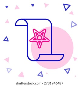 Línea Antiguo libro de magia con recetas de alquimia y hechizos místicos y encantamientos icono aislado sobre fondo blanco. Concepto de contorno colorido. Vector