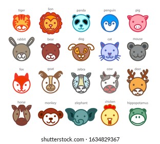 Line Animal Head Icon Set. Vector flat Illustration.