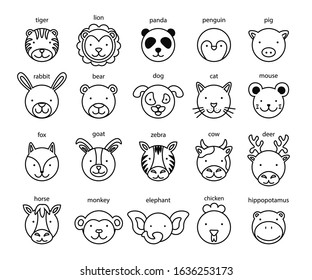 Line Animal Head Icon Set. Vector Illustration.