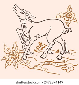 Line of animal in Thai art vector for illustration, card, decoration