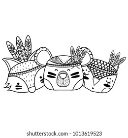 line animals head friends with feathers design