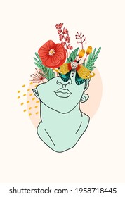 Line antique head sculpture and flowers modern poster  Continuous line style  young man face illustration  abstract texture  Minimal boy portrait  Fashion concept  print and greek statue  