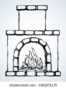 Line antique historic log heater object on white wall text space. Outline black hand drawn folk russia holiday place life logo pictogram emblem design in ancient art doodle cartoon style. Closeup view