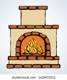 Line antique historic log heater object on white wall text space. Outline black hand drawn folk russia holiday place life logo pictogram emblem design in ancient art doodle cartoon style. Closeup view