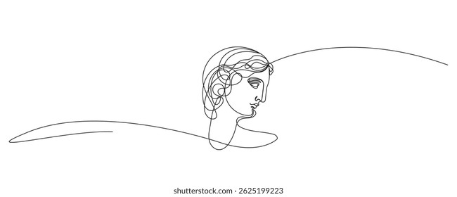 Line Antique Statue Head Sketch Illustration. Ancient God One Editable Line Art Drawn Classic Portrait. Classic Culture Museum Statue Head Doodle Graphic Line One Monoline Vector Illustration.	