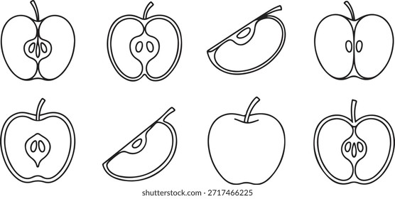 Juego de manzanas de línea. Colección de manzanas en rodajas. Rebanadas dibujadas a mano, frutas enteras y semilineales. una línea Dibujo de iconos de arte

