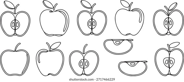Juego de manzanas de línea. Colección de manzanas en rodajas. Rebanadas dibujadas a mano, frutas enteras y semilineales. una línea Dibujo de iconos de arte
