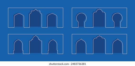 Linie arabische Mauer mit Tür, Bogen Formen. Umrissrahmen mit orientalischem Muster. Vektorgrafik Elemente mit Stadtgebäuden.