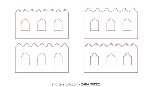 Line arabian wall with window, arch. Outline border with oriental pattern. Vector elements with city buildings.