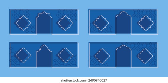 Line arabian wall with window, arch, door. Outline border with oriental lace pattern. Vector elements with gate.