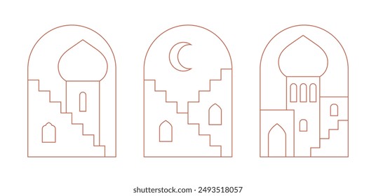 Line arabic city panorama, landscape, mosque, house. Window, arch, frame. Vector illustration for eid mubarac card, banner.