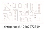 Line arabic old city buildings, houses, arches. Simple outline vector medina, star, crescent shapes