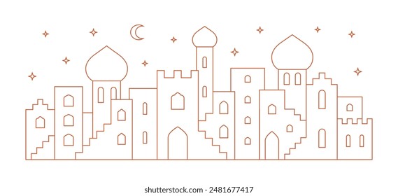 Line arabic old city buildings, houses, arches banner. Simple outline vector medina banner.