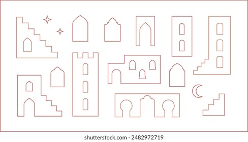 Line arabic old city buildings, houses, arches. Simple outline vector medina, star, crescent shapes