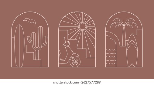 Line arabic surfing spot banners. Moroccan style landscape, surfboard, sun, ocean vector background.
