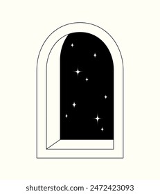 Ventana de arco de línea con cielo nocturno y estrellas. Esotérico celestial marco mínimo. Elemento místico blanco y negro para póster moderno, tatuaje, astrología, cartas de tarot. Concepto de descubrimiento.