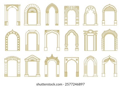 Line arch door frames. Minimalist ornate geometric doorway border frames, simple ornamental arched entrance decorative doors. Vector arch collection.