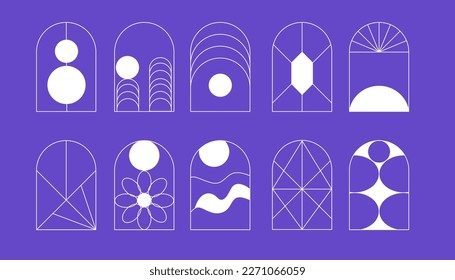 Line arch frame set. Bohemian linear shapes with geometric elements. Stars and sun in emblem or label, gold logo template. Boho architecture objects for wedding cards and posters design. Vector