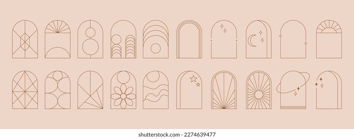 Line arch frame set. Bohemian linear shapes with space and sky elements. Stars and sun in emblem or label, gold logo template. Boho architecture objects for wedding card and posters design. Vector