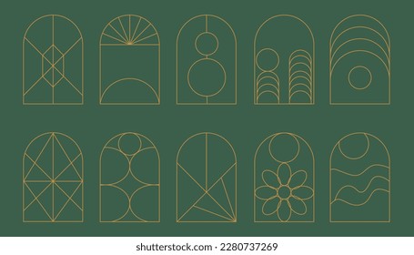 Line arch frame set. Bohemian linear shapes with geometric elements. Stars and sun in emblem or label, gold logo template. Boho architecture objects for wedding cards and posters design. Vector