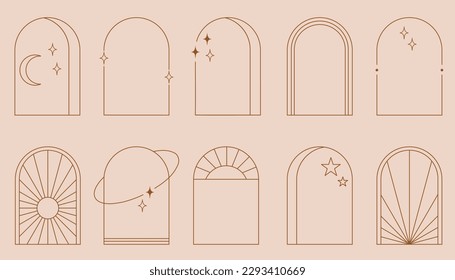 Line arch frame set. Bohemian linear shapes with space and sky elements. Stars and sun in emblem or label, gold logo template. Boho architecture objects for wedding cards and posters design. Vector