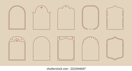 Line arch frame set. Minimal line style arch, oval shape boho frame element for badge, logo design. Vector illustration.