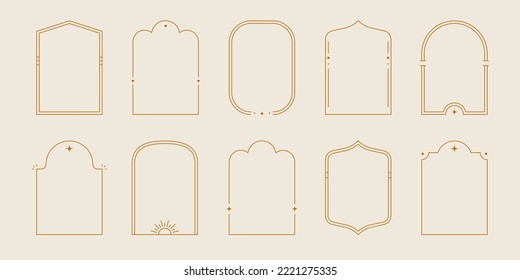 Line arch frame set. Minimal line style arch, oval shape boho frame element for badge, logo design. Vector illustration.