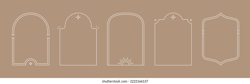 Line arch frame set. Minimal line style arch, oval shape boho frame element for badge, logo design. Vector illustration.