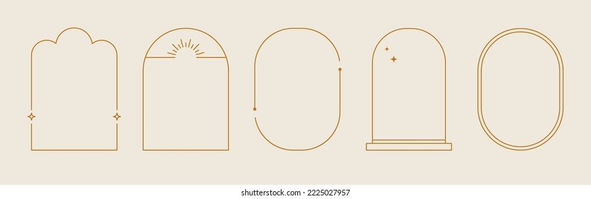 Linienbogen-Set. Minimaler Linienbogen, ovales Boho-Rahmenelement für Abzeichen, Logo-Design. Vektorgrafik.