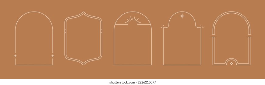 Line arch frame set. Minimal line style arch, oval shape boho frame element for badge, logo design. Vector illustration.