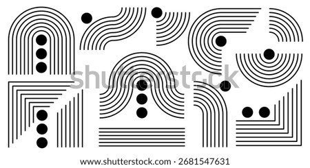 Line arch rainbow compositions with black circles, wavy stripes and curved geometric forms for contemporary abstract art. Parallel lines, corners and flowing shapes for minimalist posters designs.