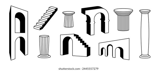 Arcos de líneas, columnas y colección de escaleras. Esbozar surrealista conjunto de elementos griegos. Puertas de arco 3d en negrita negro pilares, escalera, puertas de Paquete. Paquete de Formas trippy para collage, póster, Anuncio, pegatina. Vector 