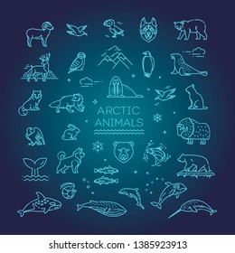 Line arctic wildlife concept with different north animals . Vector