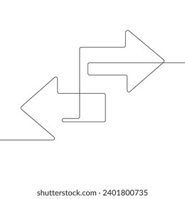 Line arrow drawing pointing in opposite direction, single line object, line art, business template, vector illustration