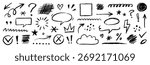 Line arrow, frame, underline sketch elements set. Hand drawn crayon pencil, texture brush stroke scribble doodle elements . Marker arrow, chalk sketch square, grunge check mark. Vector illustration
