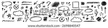Line arrow, frame, underline sketch elements set. Hand drawn crayon pencil, texture brush stroke scribble doodle elements . Marker arrow, chalk sketch square, grunge check mark. Vector illustration
