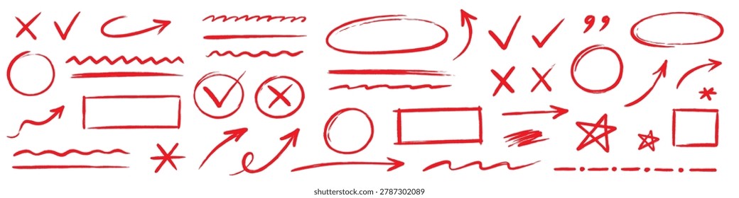 Line arrow hand drawn crayon set. Hand drawn line arrow crayon chalk paint red brush texture underline. Check doodle star curve squiggle zigzag graffiti blackboard background. Vector illustration