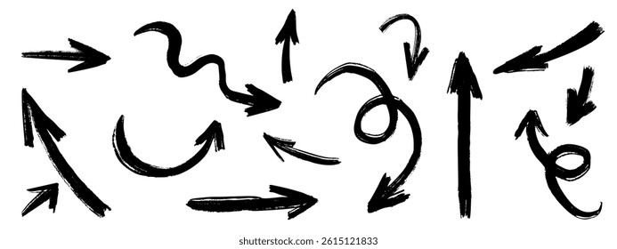 Line arrow hand drawn in ink brush acrylic simple style. Grunge rough direction shape for design. Vector brush strokes illustration in black color.