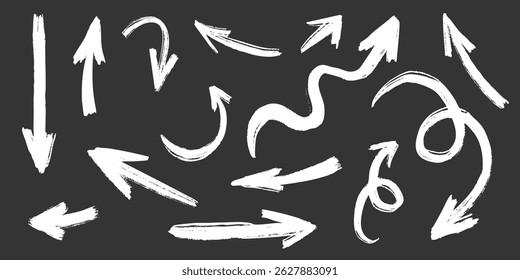 Linha seta mão desenhado em pincel de tinta estilo acrílico simples. Forma de direção áspera grunge para design. Ilustração vetorial em cor preta.