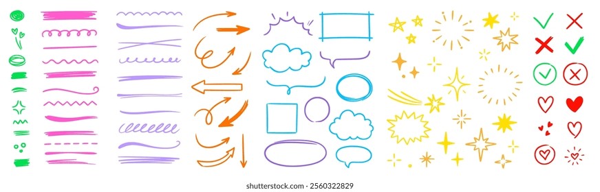 Line arrow hand drawn shape brush underline stroke element vector set. Hand drawn doodle sketch arrow, circle, star brush stroke scribble underline icon. Marker doodle sketch vector illustration