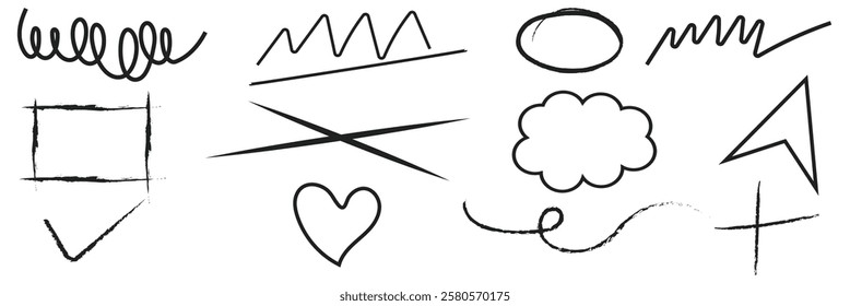 Line arrow hand drawn shape brush underline stroke element vector set. Hand drawn doodle sketch arrow, circle, star brush stroke scribble underline icon. Marker doodle heart vector illustration. 