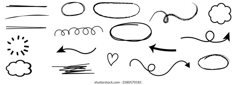 Line arrow hand drawn shape brush underline stroke element vector set. Hand drawn doodle sketch arrow, circle, star brush stroke scribble underline icon. Marker doodle heart vector illustration. 