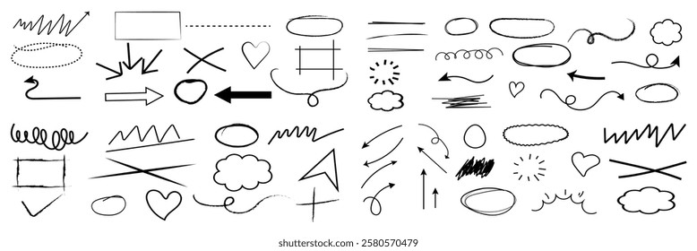 Line arrow hand drawn shape brush underline stroke element vector set. Hand drawn doodle sketch arrow, circle, star brush stroke scribble underline icon. Marker doodle heart vector illustration. 