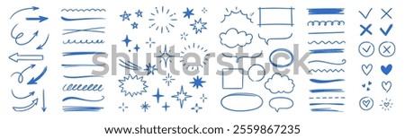Line arrow hand drawn shape brush underline stroke element vector set. Hand drawn doodle sketch arrow, circle, star brush stroke scribble underline icon. Marker doodle heart vector illustration.