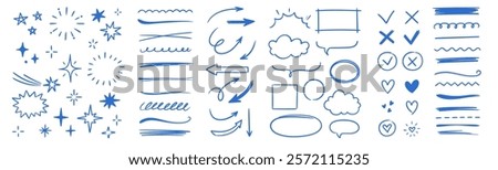 Line arrow hand drawn shape brush underline stroke element vector set. Hand drawn doodle sketch arrow, circle, star brush stroke scribble underline icon. Marker doodle heart vector illustration.